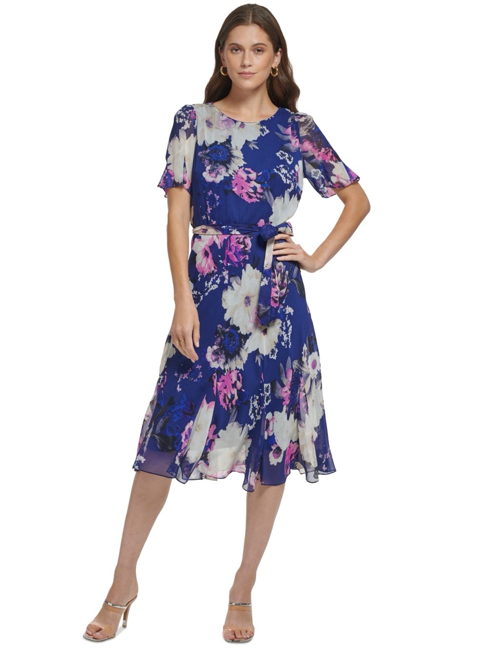DKNY Blue Raspberry Floral Godet Midi Dress Size 10